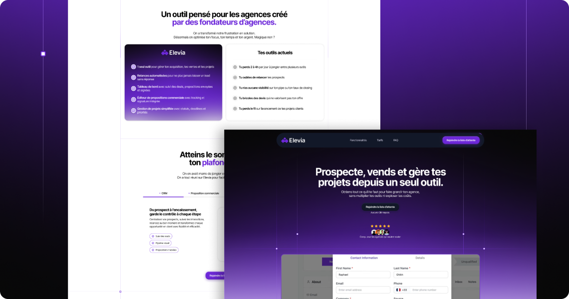 Landing page Webflow pour Elevia, SaaS tout-en-un pour agences digitales